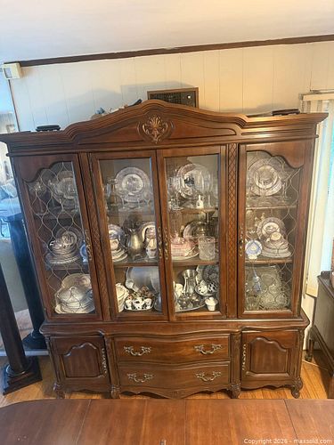 Brown Wood Veneer China Cabinet Hutch, French Provincial Style (1 of 8)