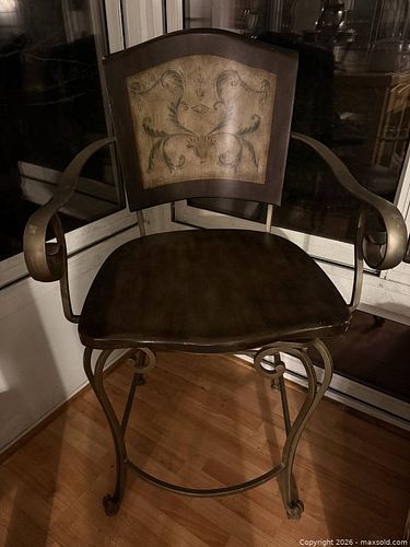 Ornate Bronze-Tone Metal and Wood Bar Stool with Decorative Back (1 of 6)