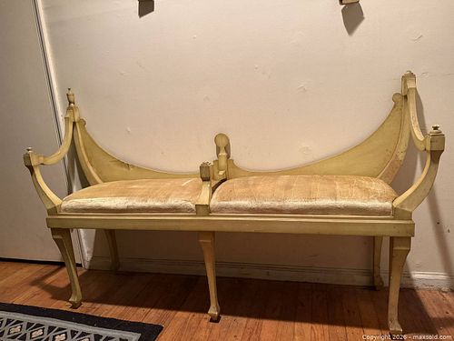 Vintage Traditional Two-Seat Painted Wood Bench with Upholstery (1 of 10)