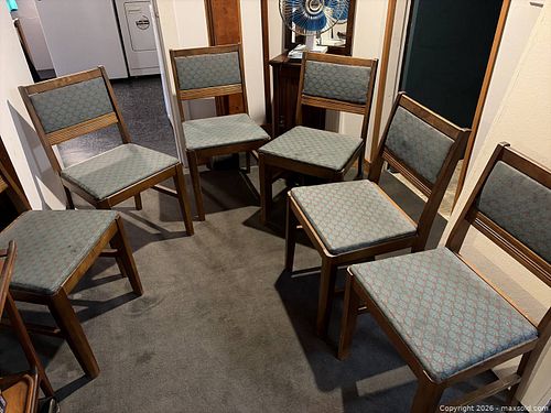 Set of 6 Vintage Mid-Century Wood Dining Chairs with Fabric Seats (1 of 6)