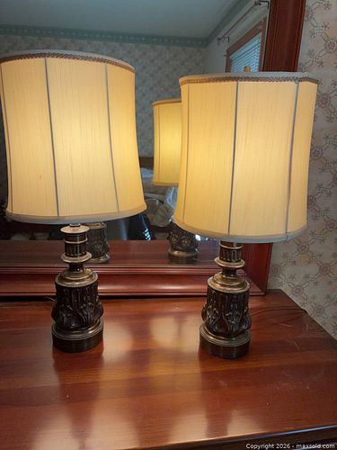Pair of Traditional Bronze-Finish Table Lamps with Cream Shades (1 of 9)