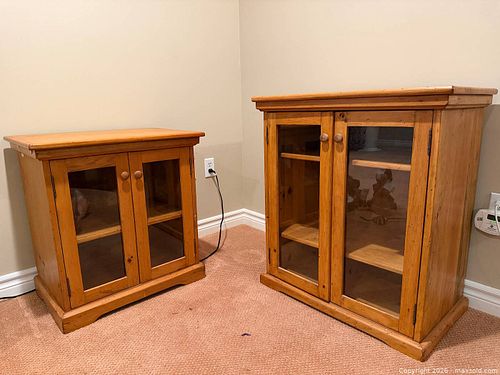 Pair of Rustic Pine Two-Door Glass Display Cabinets (1 of 15)