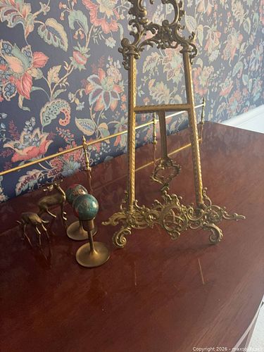 Ornate Brass Tabletop Easel with Cloisonné Spheres & Deer (1 of 4)