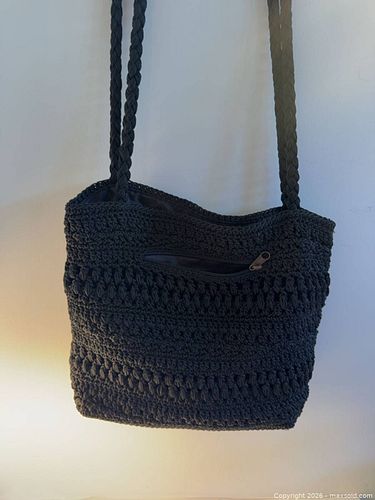 Black Crochet/Knitted Yarn Tote Bag with Braided Shoulder Straps (1 of 4)