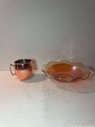 Copper Hammered Moscow Mule Mug & Iridescent Ruffled Edge Bowl (1 of 4)