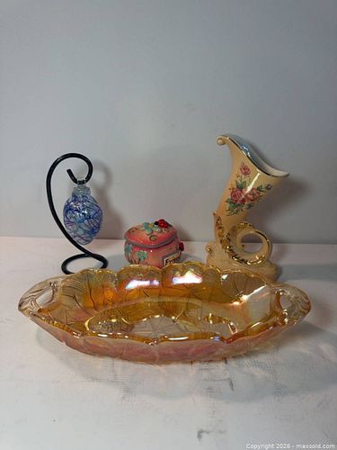 Vintage Carnival Glass Bowl, Ceramic Trinket Box, Cornucopia & Ornament (1 of 3)
