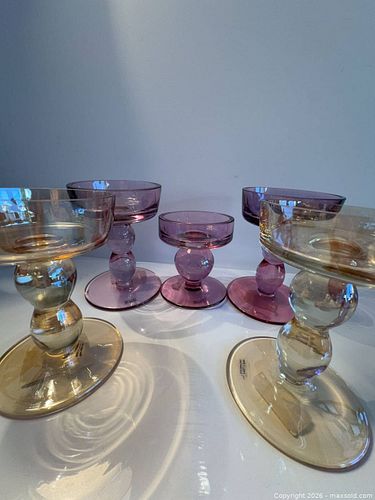 Vintage Glass Compote Dessert Cups, Set of 5 — Pink/Purple/Amber, made in Poland (1 of 7)