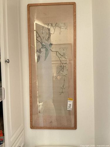 Asian Silk Framed Wall Art, Parrot and Blossoms (Vertical) (1 of 8)