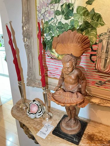 Lot of Decorative Cherub Statue, Pair of Candlesticks & Ceramic Tiger (1 of 7)