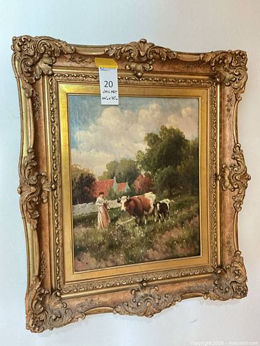 Pastoral Landscape Painting with Ornate Gilded Frame, 26 x 30 in (1 of 9)