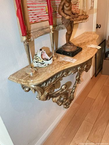 Rococo gilded wall console with beige marble top, 46 in wide (1 of 14)