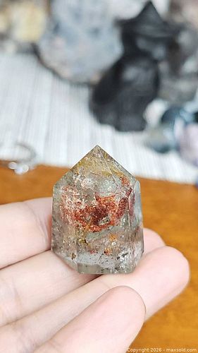 Clear Quartz Polished Point with Lodolite & Hematite Inclusions (1 of 6)