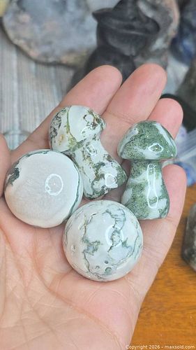 Moss Agate Carved Mushroom Spheres/Balls, Small Lot of 4 (1 of 8)