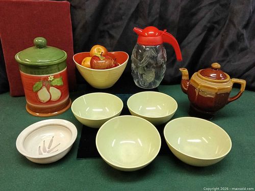Mixed Ceramic & Glass Tableware: Bowls, Teapot, Canister, Pitcher (1 of 7)