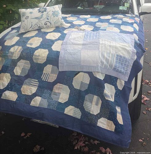 Blue and Cream Patchwork Queen Quilt with Decorative Pillow (1 of 7)