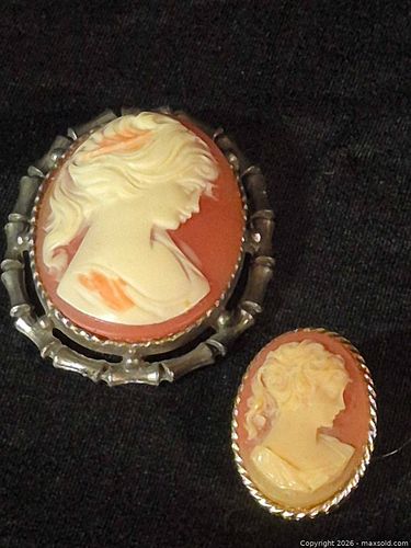 Two-Piece Victorian Cameo Brooch & Pin Set, Shell Cameos, Gold/Silver Tone (1 of 6)