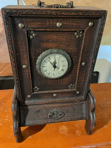 Dark Brown Rustic Wooden Mantel/Table Clock with Metal Accents (1 of 3)