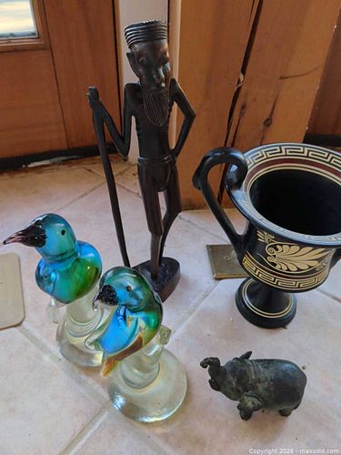 Lot: Glass Bird Pair, Wood Carved Figure, Black & Gold Urn, Metal Pig (1 of 3)