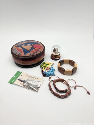 Mixed Souvenir Lot: Blue Jays Box, Snow Globe, Bracelets, Dog Tag (1 of 7)