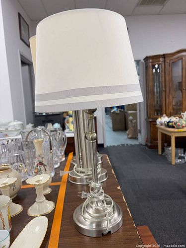 Set of 3 Brushed Nickel Modern Table Lamps with Cream Shades (1 of 5)