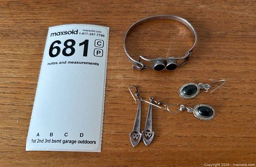 Sterling Silver Bracelet and Two Pairs of Black Stone Earrings (1 of 9)