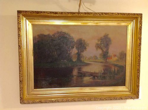 Antique English Oil Painting with Quiet Stream and Trees. (1 of 8)