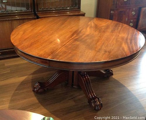 Signed Walnut antique 3 leaf table all with skirts.   (1 of 10)