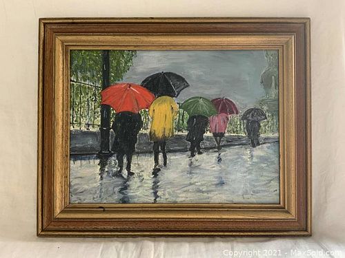 Framed Oil Painting of People Walking in the Rain Signed (1 of 3)
