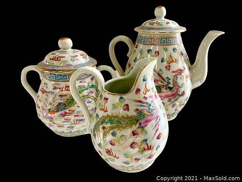 Reversible Hand Painted Antique China Tea Pot Creamer and Sugar Bowl  (1 of 6)