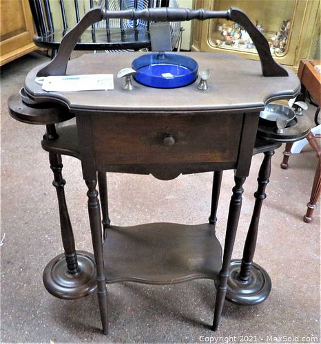 Antique Mahogany Smokers Stand w/ Humidor, Blue Glass (1 of 8)