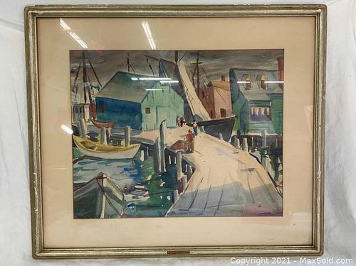 Watercolor of Harbor by listed Artist Prescott M Jones (1 of 3)
