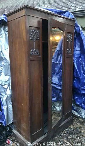 Antique HUGE Edwardian Carved Tree of Life Mahogany Wardrobe William Morris with Raised Panels Beadboard Original  Brass Hardware  (1 of 22)