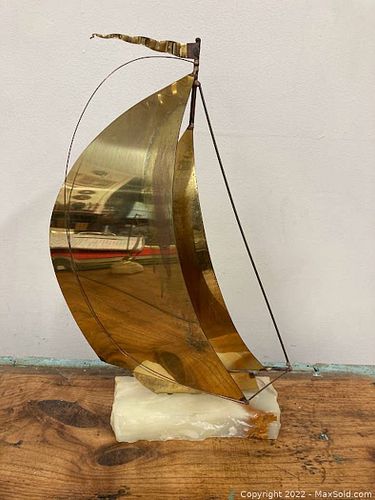 Large Brass Boat on Stone Base (1 of 5)