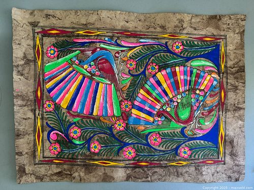Vintage Mexican Folk Art Painting on Tree Bark 1970's