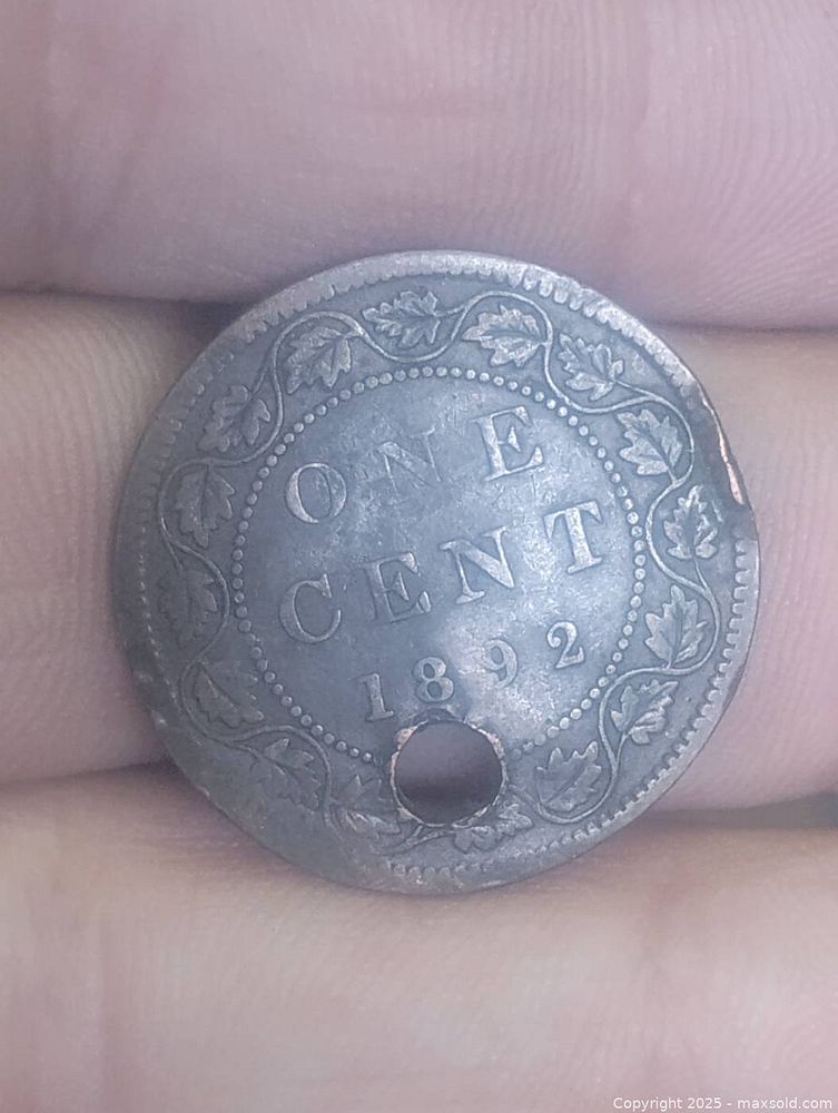 1892 large cent coin holed Victorian South Frontenac (Ontario Canada