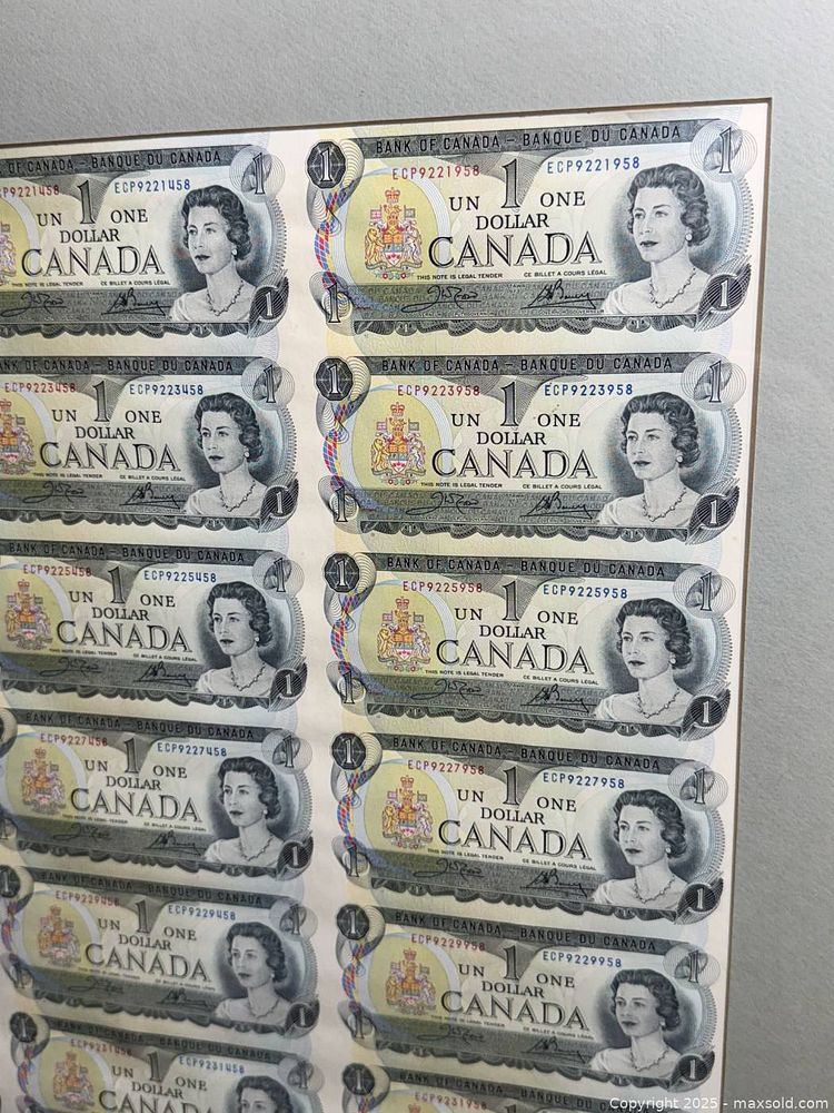 framed-uncut-canadian-1973-dollar-bill-sheet-toronto-ontario-canada