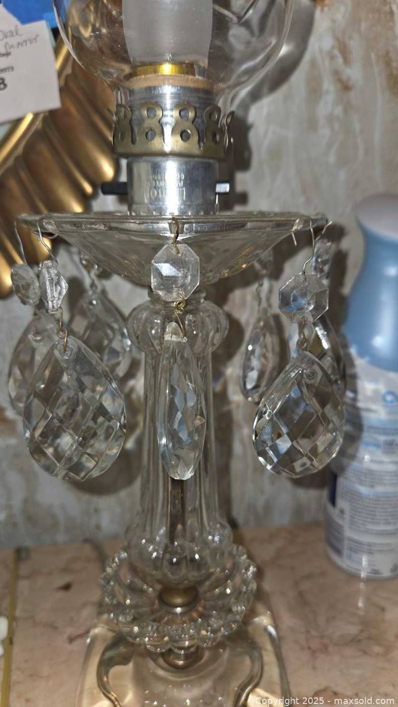 Two MCM Crystal Lamps with Chandelier Prisms and Hurricane shades