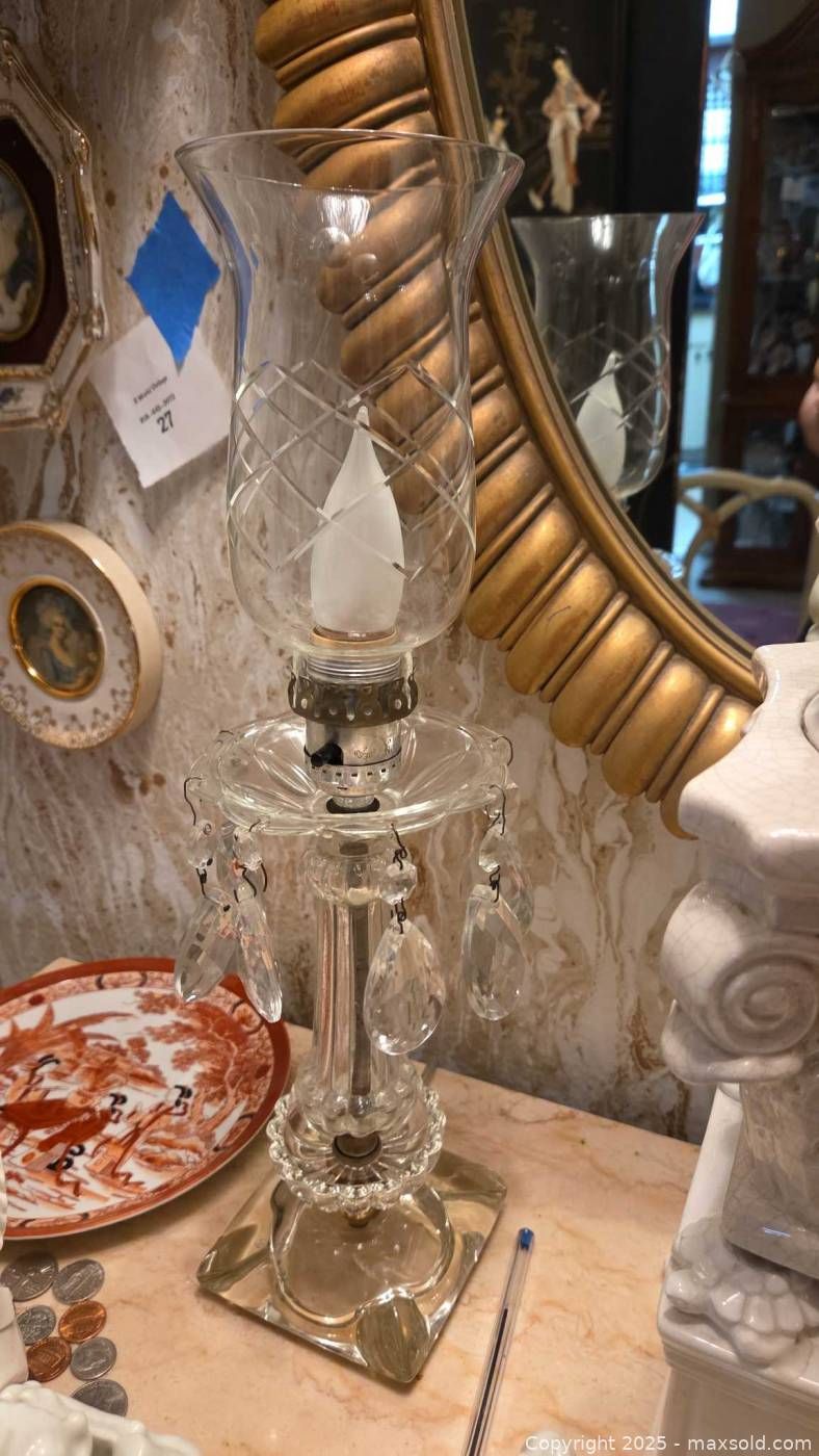 Two MCM Crystal Lamps with Chandelier Prisms and Hurricane shades