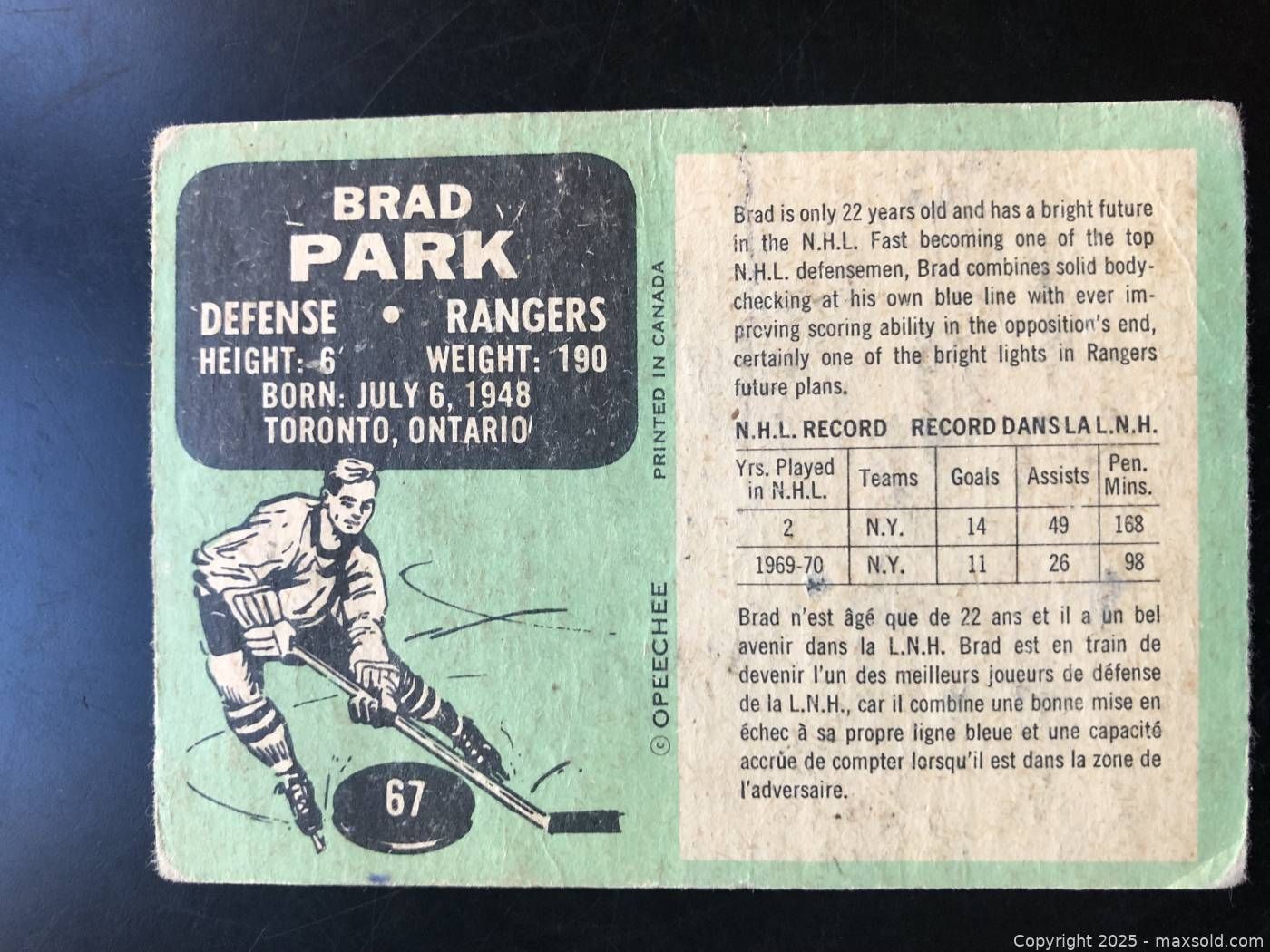 1970-71 O-Pee-Chee Brad Park rookie #67 | Maxsold
