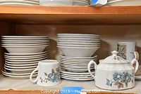 Multiple assorted pieces of Ironstone Staffordshire dinnerware including plates, bowls, cups, and a covered sugar bowl with floral blue flower decoration.