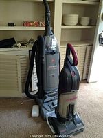 Photo showing both Hoover WindTunnel self propelled upright vacuum and smaller Eureka The Boss cordless handheld vacuum side by side on carpet.