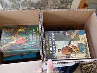 Two cardboard boxes filled with Hardy Boys books, showing a stack of blue spined books with typical Hardy Boys series branding and some book covers.