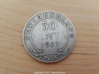 Front side of the 1917 Newfoundland 50 Cent coin showing denomination, year, and decorative elements.