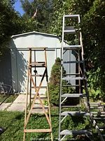 Two A-frame ladders side by side in garden area, one wooden 6 ft and one aluminum 8 ft ladder.