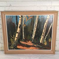 Full frontal image of the framed oil painting depicting birch trees in a forest.