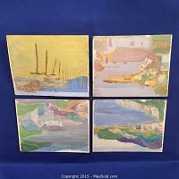 Four Anthony Sowden small oil on board paintings laid out showing general composition and color schemes