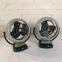 Front view of both Deco style Vornado fans side by side on white surface