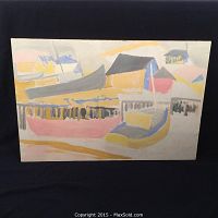 Full front view of the acrylic on canvas painting showing an abstract harbor scene with boats and buildings in pastel colors.