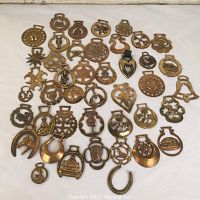 Overview of approximately 45 varied horse brasses laid out on white surface, showing different designs and shapes.