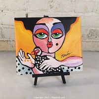 Full front view of colorful oil on canvas painting featuring a woman's face and a bird, signed by artist Nehr.